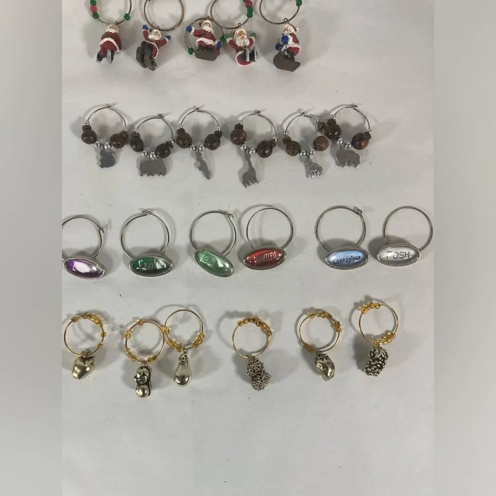 Vtg Lot 35 Wine Glass Charms Santa Fall Rustic Fruit Whimsical Girls Bunko Night